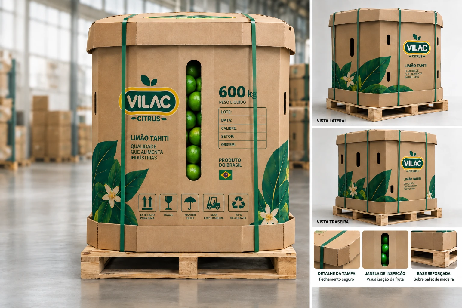 Embalagem Vilac Citrus de 600 kg para limão industrial, com vistas frontal, lateral e traseira